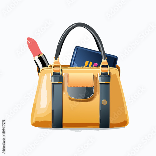 A stylish handbag with visible contents like lipstick and wallet
