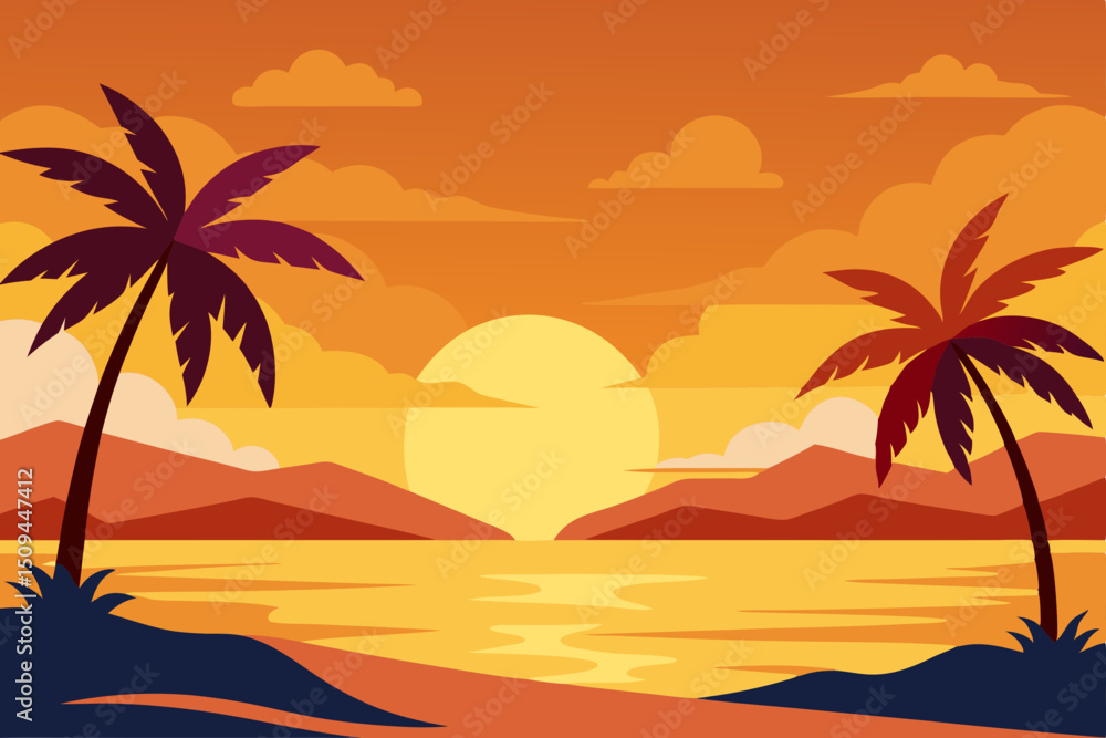 Tropical paradise beach at sunset with silhouetted palm trees against an orange sky Tropical paradise beach at sunset with silhouetted palm trees against an orange sky