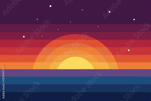 Golden evening sun descends over the vast ocean horizon, painting the sky with fiery red and orange clouds, a tranquil sundown scene of nature's vibrant embrace