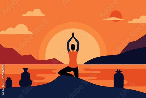 Sunset yoga and meditation on the beach, with a silhouette of a man on a rock and a woman by the tropical sea