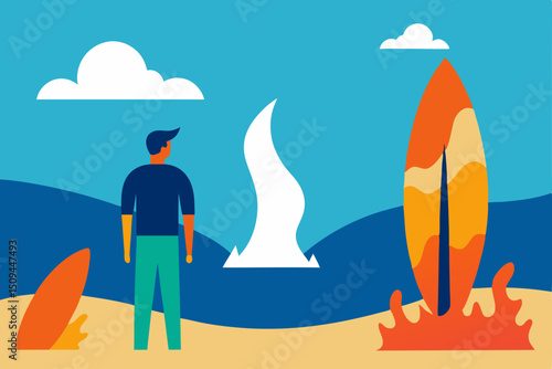 Cartoon illustration of a man on the beach with a UFO hovering over the summer sea, featuring a sailboat