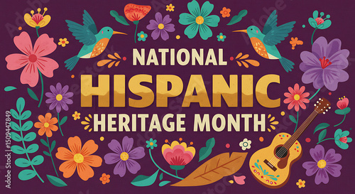National Hispanic Heritage Month Vibrant Folk Art Illustration with Flowers, Hummingbirds, and Guitar Banner Background