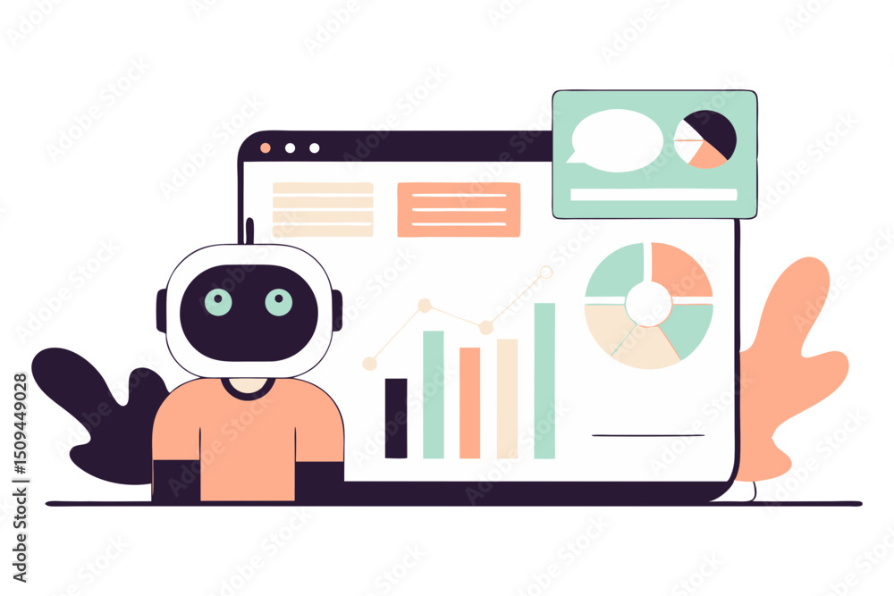 Obraz premium A friendly robot character standing in front of a large laptop screen displaying data, charts, and a chat bubble.