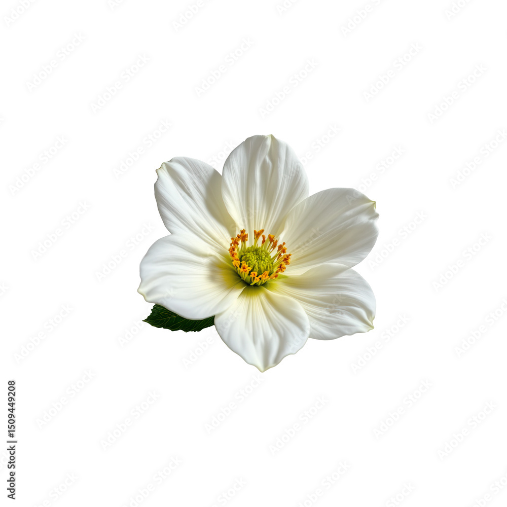 Fototapeta premium Elegant white flower with delicate petals and vibrant yellow center isolated on black background