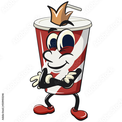 soft drink paper cups retro vektor illustration mascot character crowned like a king while folding his arms calmly, work of hand drawn