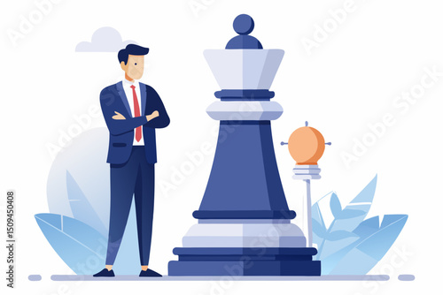 A businessman standing thoughtfully with crossed arms next to a large chess queen and a smaller bishop piece.