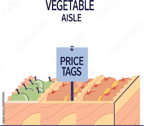 Flat Isometric Vector of Colorful Vegetable Aisle with Price Labels and Signage  Illustrator Artwork