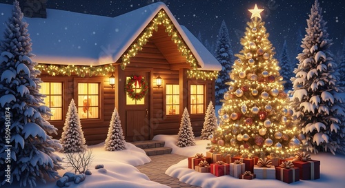 Wallpaper Mural Christmas House and Grand Tree Bathed in Winter Snow Torontodigital.ca