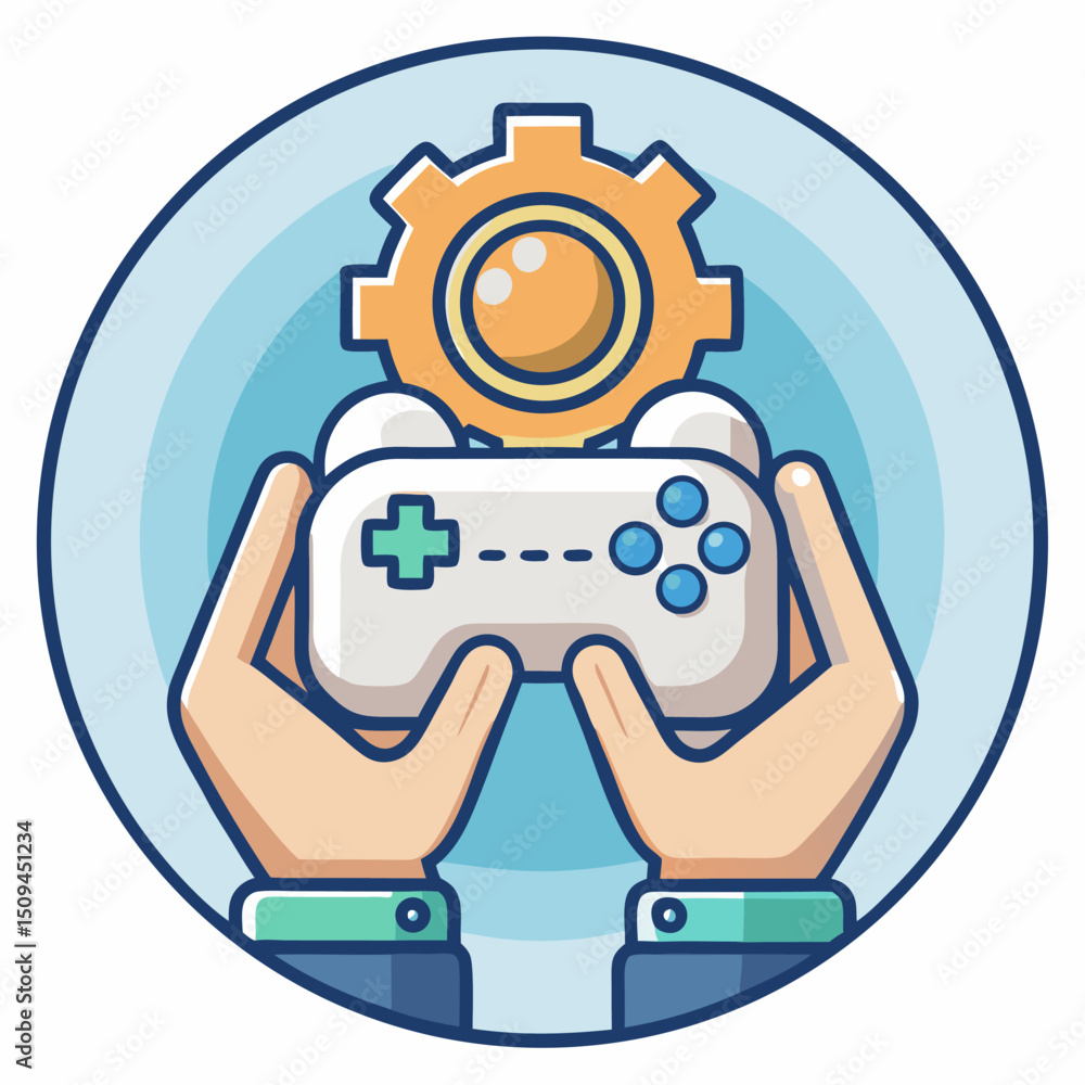 Game development hands holding controller gear icon Game development hands holding controller gear icon