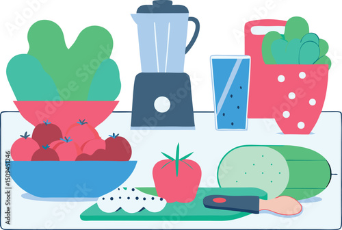 Healthy lunch prep scene in a modern kitchen with groceries Illustrator Artwork