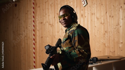 Portrait of happy soldier holding assault rifle, developing marksmanship skills in firing range. Joyous military unit wearing uniform practices with semiautomatic weapon, camera A
