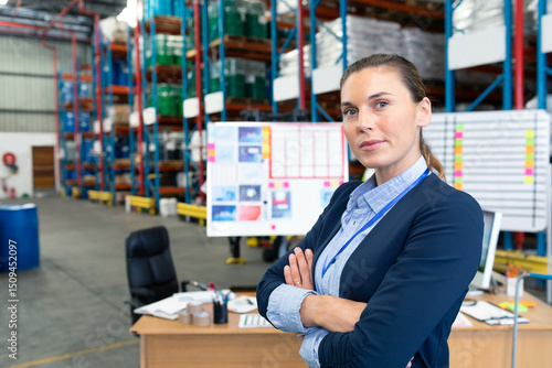 Canvastavla White female warehouse supervisor standing in office by desk, whiteboards and sh