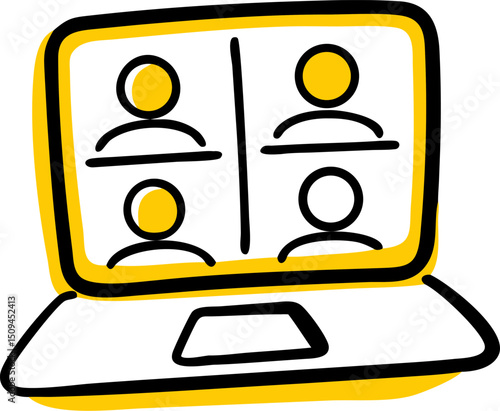 Laptop screen showing four participants in a video conference call