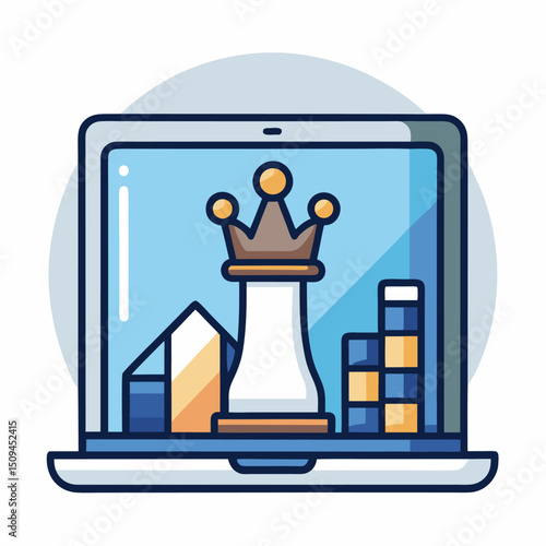 Laptop screen showing chess king piece business strategy success