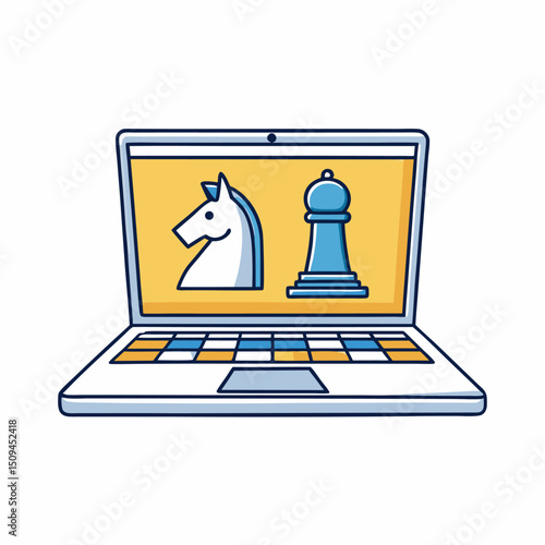 Laptop screen displays chess knight and pawn strategic planning