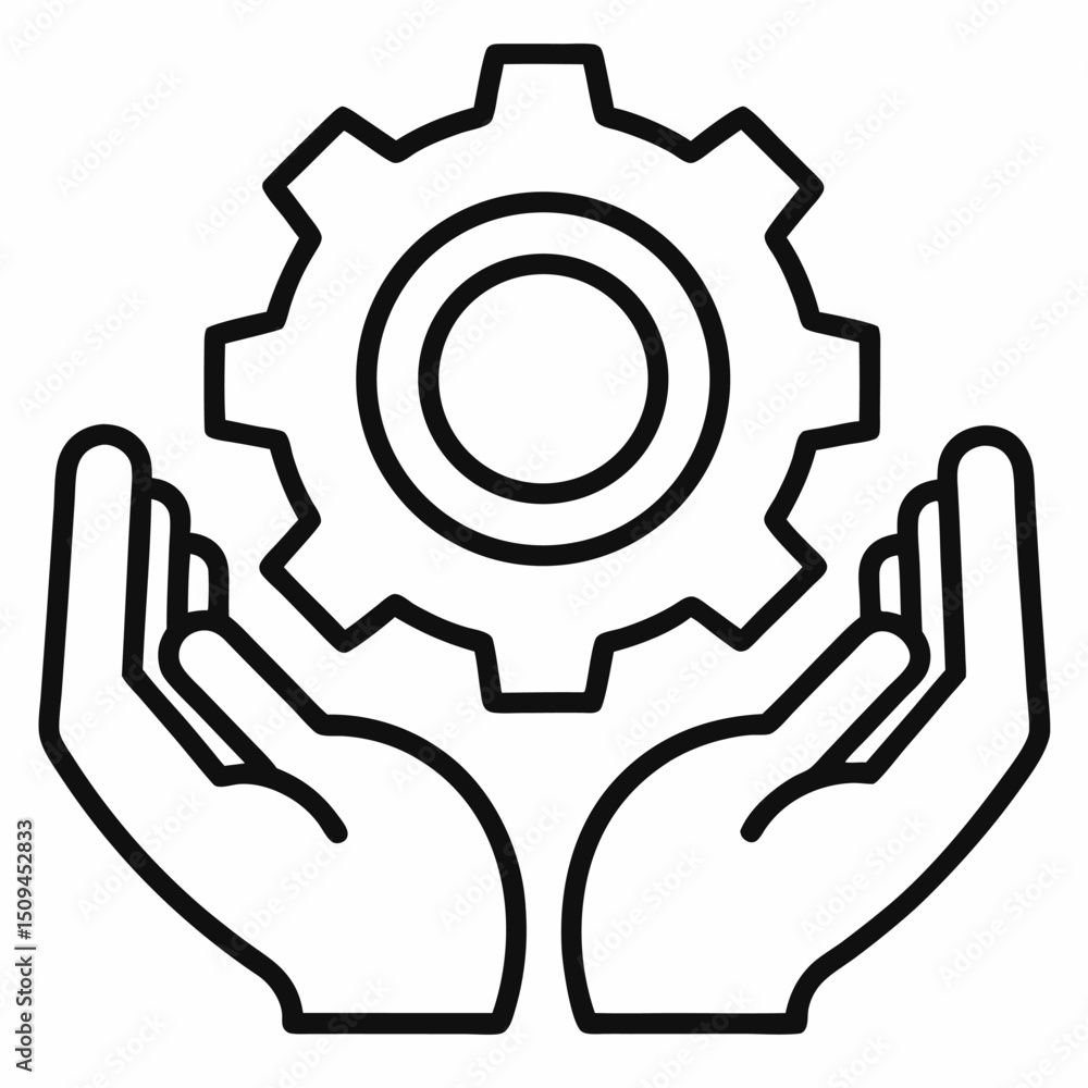Two hands carefully holding a gear icon representing support and maintenance Two hands carefully holding a gear icon representing support and maintenance