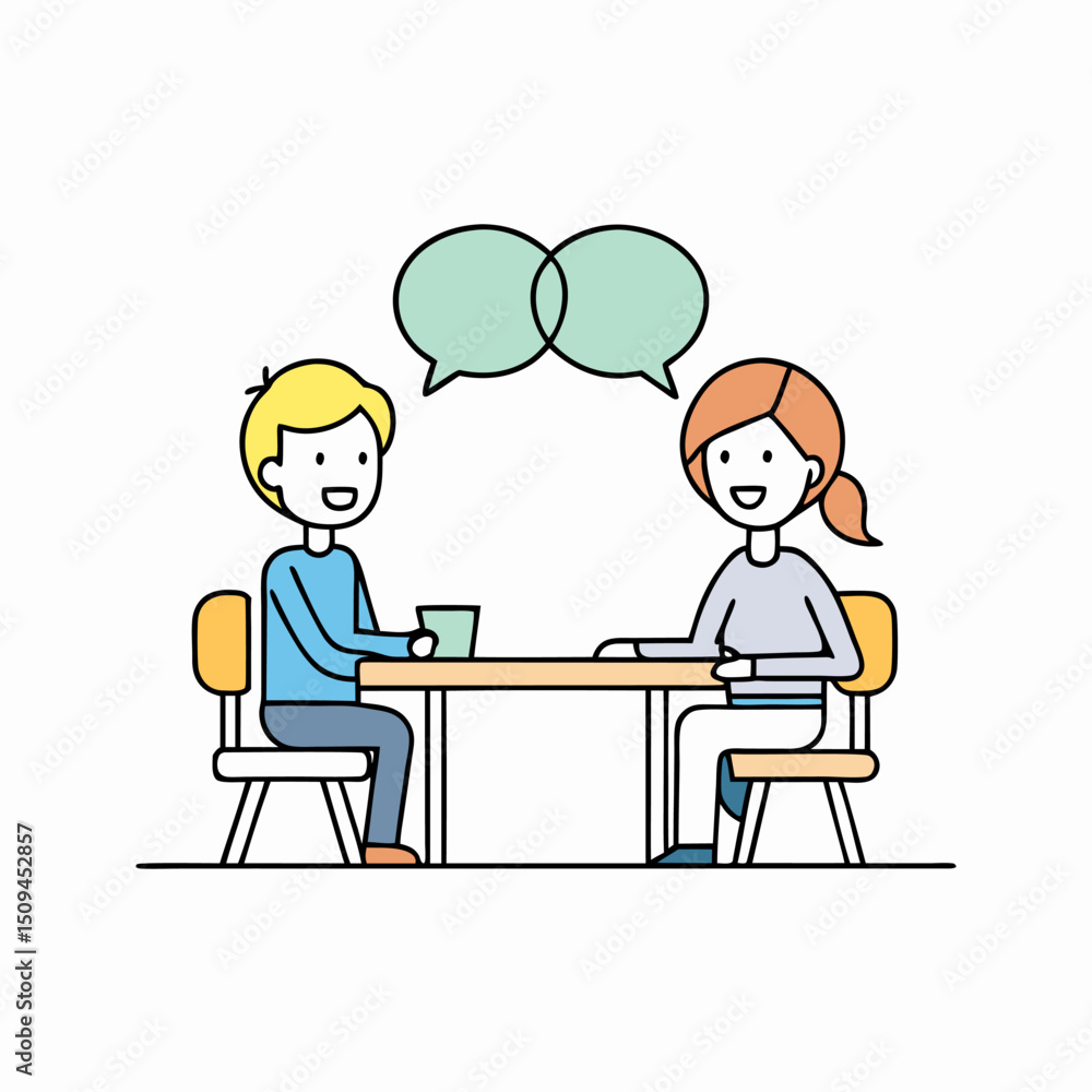 Young man and woman having a conversation at a table Young man and woman having a conversation at a table
