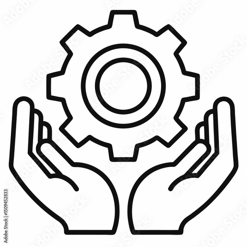 Two hands carefully holding a gear icon representing support and maintenance