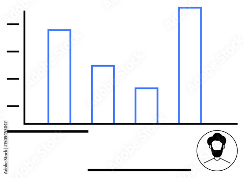 Blue bar chart displaying data distribution with a user profile icon. Ideal for analytics, statistics, personal data, performance tracking, business insights, growth, and simple landing page