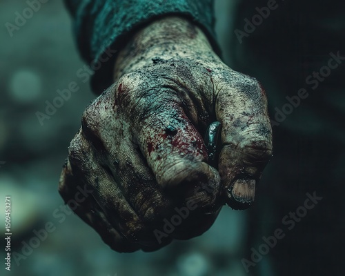 A closeup of a battered hand holding a weapon, Violence, Stark and chilling