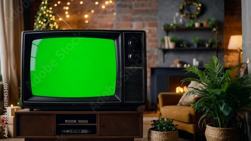 Vintage television set with green screen display on wood stand in cozy living room with Christmas tree and soft light