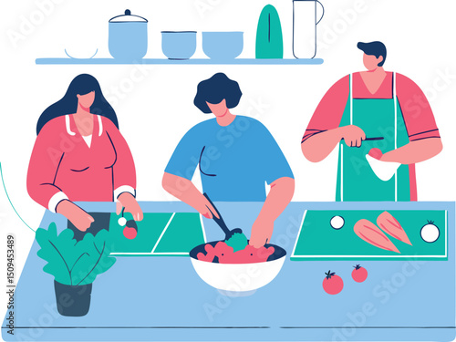Isometric Vector of Characters Preparing a Healthy Vegetable Meal at Home Illustrator Artwork