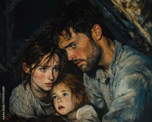 A family sheltering in a basement during an air raid, War, Emotional and tense