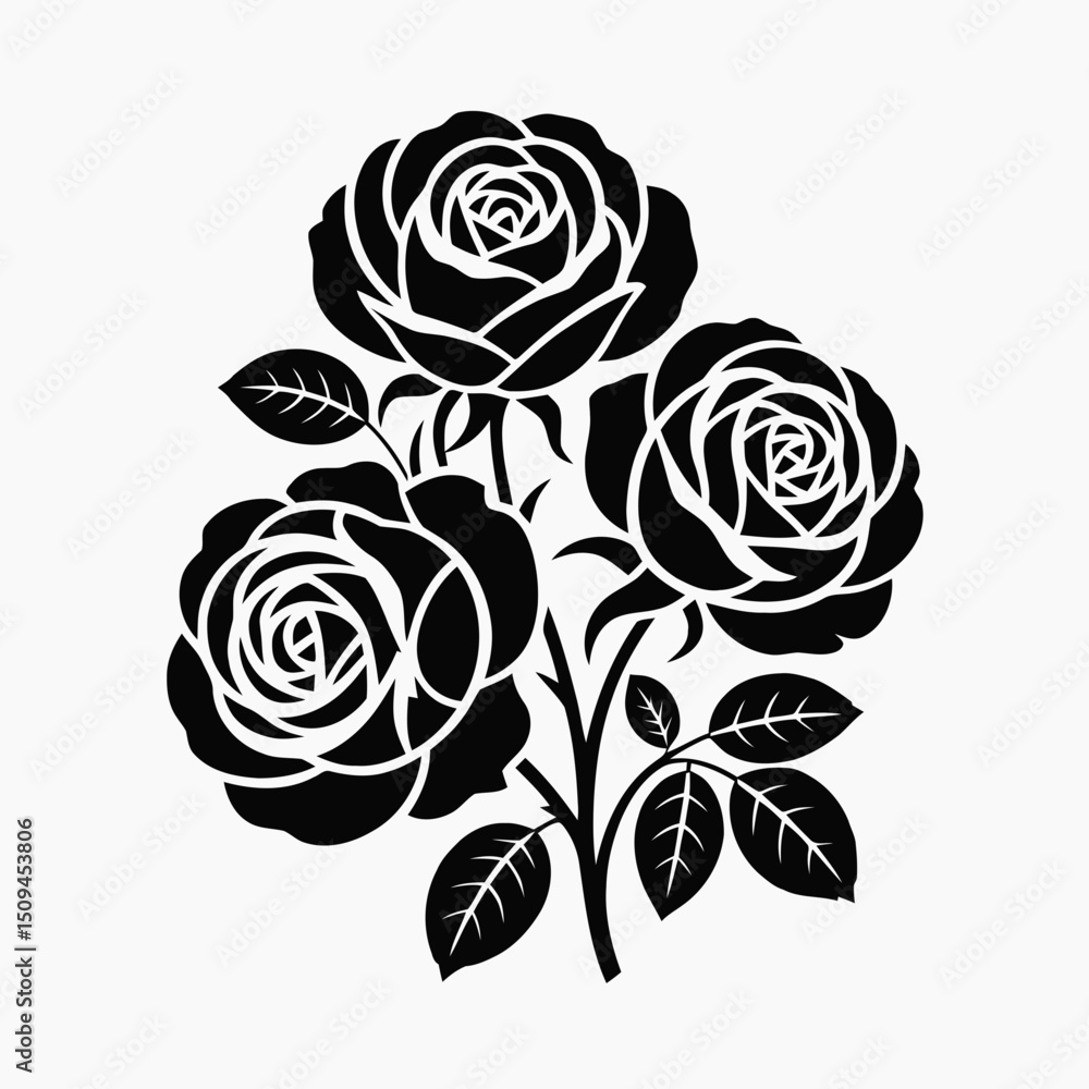 custom made wallpaper toronto digital Three roses cluster, black silhouette, clean edges, white background