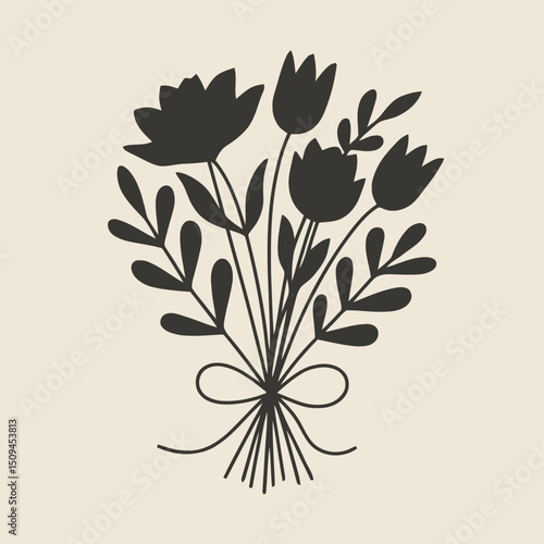 Tied flower bouquet, pure black silhouette, clean floral shapes