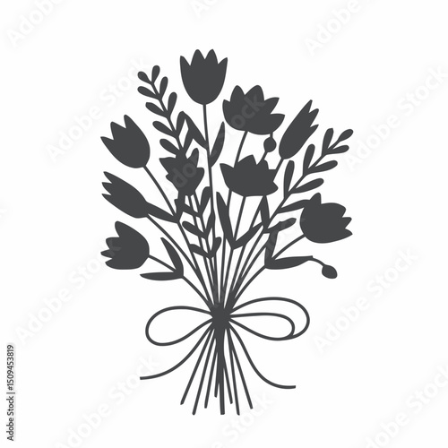 Tied flower bouquet, pure black silhouette, clean floral shapes