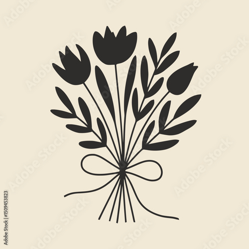 Tied flower bouquet, pure black silhouette, clean floral shapes