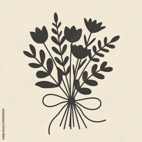 Tied flower bouquet, pure black silhouette, clean floral shapes