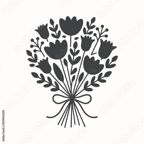 Tied flower bouquet, pure black silhouette, clean floral shapes