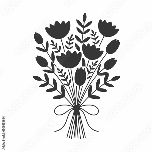 Tied flower bouquet, pure black silhouette, clean floral shapes