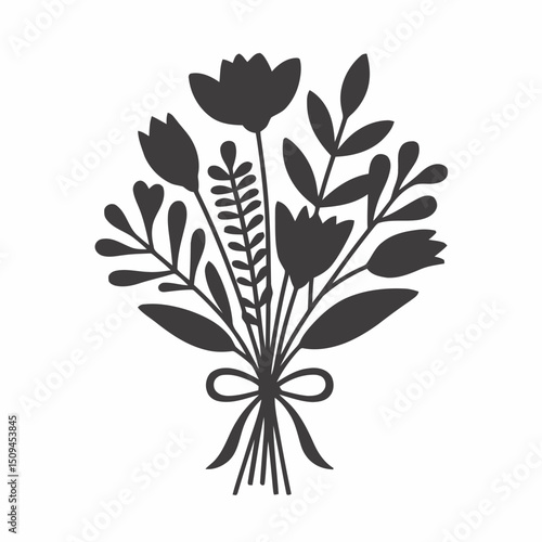 Tied flower bouquet, pure black silhouette, clean floral shapes
