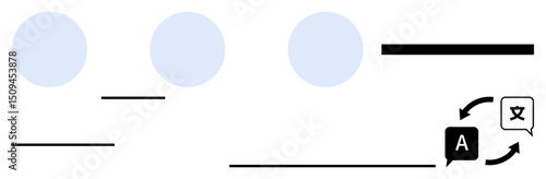 Blue circles, horizontal lines, and arrows symbolize text conversion. Chat bubbles and language icons represent translation. Ideal for global reach, communication, education, learning, bilingual