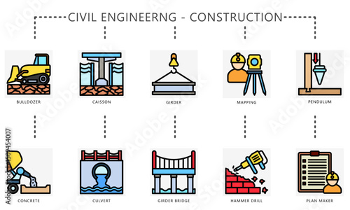 Civil engineering outline color icons. Contain bulldozer, caisson, girder, culvert, concrete, drill, pendulum and more. Vector for construction UI, UX kit, digital, print, web and app development.
