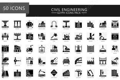 Civil engineering glyph icon pack. Contain abutment, blueprint, builder, cantilever, concrete, compactor, girder, gabion and more. Vector for industry, construction, UI, UX, web and app development.
