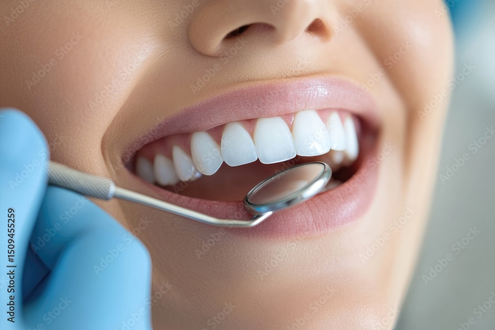 Naklejka premium Dentist examining perfect white teeth with dental mirror and probe