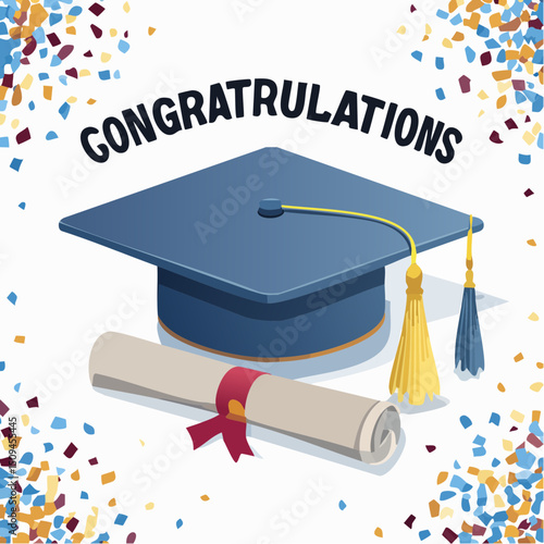 A bold and stylish graduation greeting featuring a cap, scroll, and modern typography in vector style.