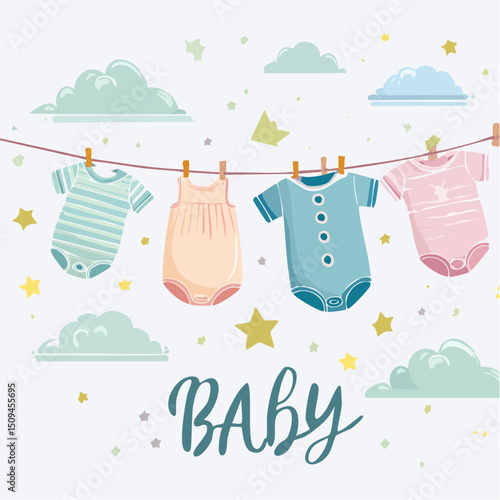 A whimsical and soft baby shower design with clothesline accents and sweet pastel tones.