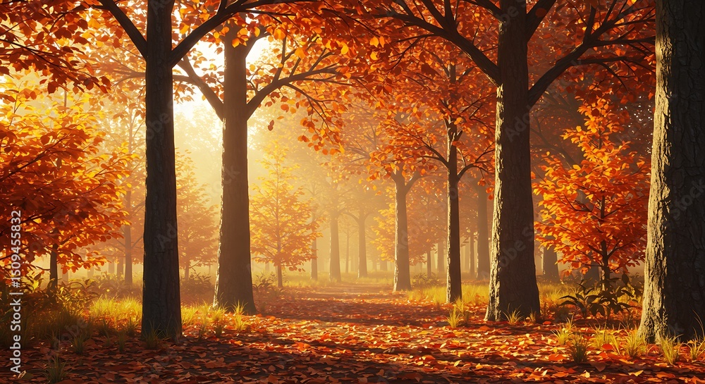 Fototapeta premium Enchanted Autumn Forest Path Sunlit Golden Leaves and Misty Morning