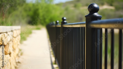 Fototapeta Naklejka Na Ścianę i Meble -  Black Metal Fence Railing Nature Trail Pathway Walk