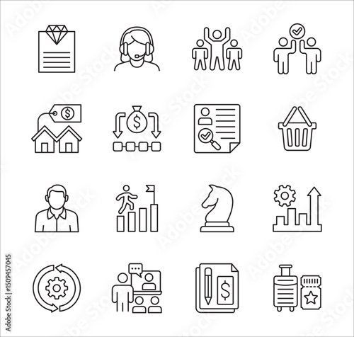 Business company Icon set. Management icon set. Contains symbol of teamwork, data, asset, stock, resource, employee, businessman, target, finance, holiday, meeting, education. Vector illustration