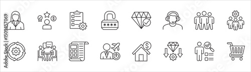 Business and management icon set. Contains symbol of businessman, target, leadership, progress, holiday, data, stock, market, accounting, training, resource, finance, service. Vector illustration