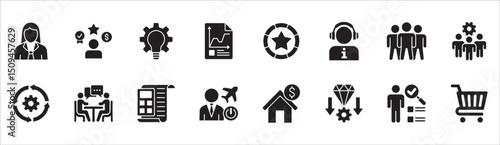 Business and management icon set. Contains symbol of businessman, target, leadership, progress, holiday, data, stock, market, accounting, training, resource, finance, service. Vector illustration