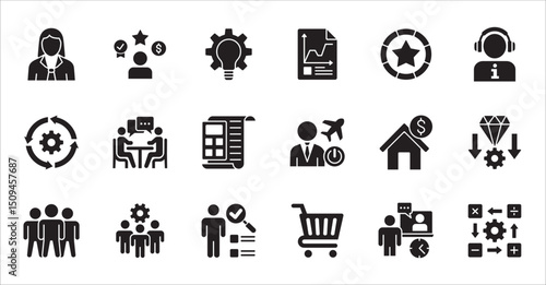 Business company and Management icon set. Contains symbol of teamwork, target, market, global, success, customer service, leadership, holiday, asset, meeting, entrepreneur. Vector illustration