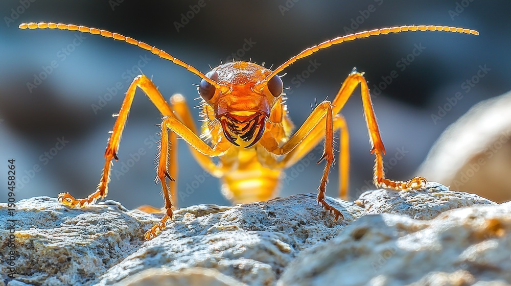 Fototapeta premium Orange ant macro, focused on face, atop rough surface