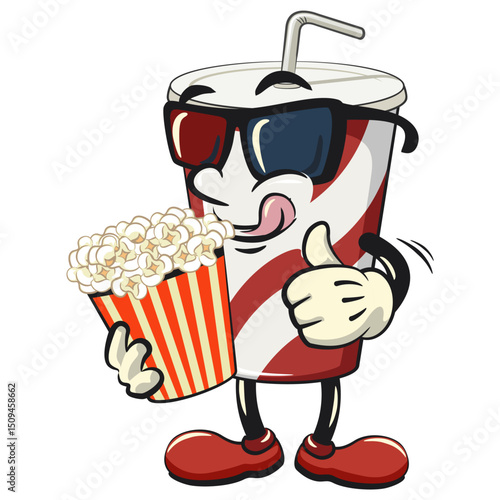 soft drink paper cups retro vektor illustration mascot character with a bucket of popcorn with wearing 3d glasses, work of hand drawn