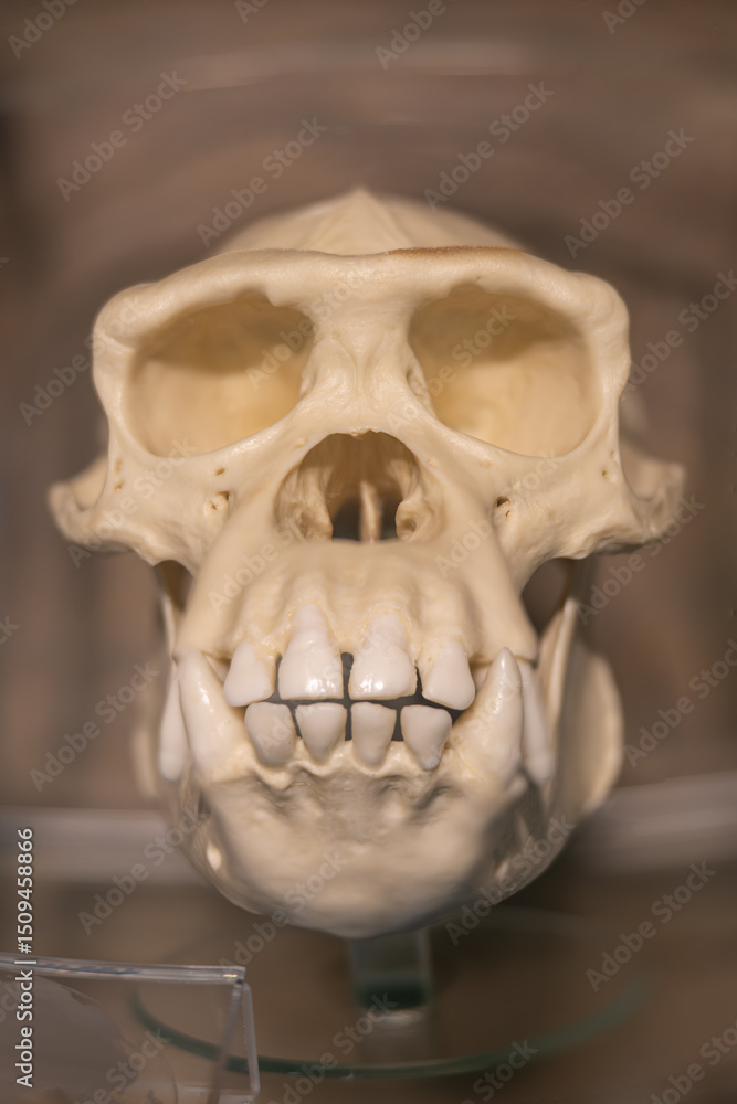 Prehistoric gorilla skull on display.
Prehistoric gorilla skull on display.